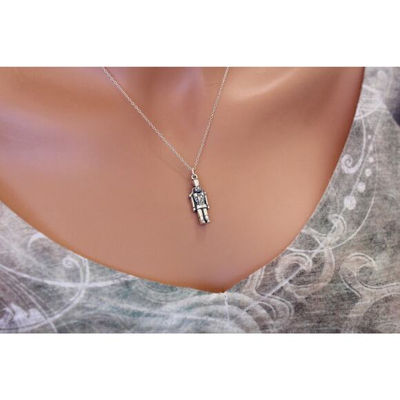 Sterling Silver Nutcracker Charm Necklace, Silver 3D Nutcracker Soldier Necklace - Picture 1 of 4